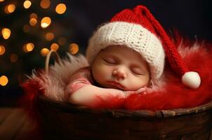 recién nacido bebé en un Papa Noel sombrero duerme en un mimbre cesta en ruedas debajo un Navidad árbol. generativo ai foto