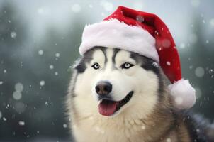 Husky Christmas photo shoot. Husky in Santa is hat with snowfall. Christmas Husky. Generative AI