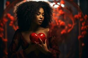 negro mujer con corazón en manos para enamorado es día. generativo ai foto