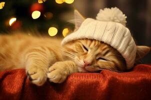 A ginger kitten lies in a knitted hat for Christmas against the background of a garland. Generative AI photo