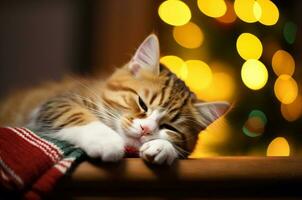 A ginger kitten lies on a Christmas background with a garland. Generative AI photo