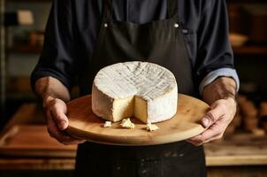 un hombre en un negro delantal sostiene un circulo de queso. fabricante de queso. generativo ai foto