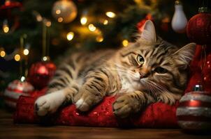 Kitten sleeps on a blanket under the Christmas tree. Generative AI photo