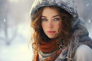 Beautiful red-haired woman of Slavic appearance in winter. Generative AI photo