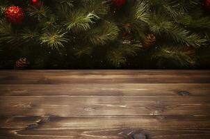 Christmas background. Wooden table and Christmas tree branch top view, mockup christmas. Generative ai photo
