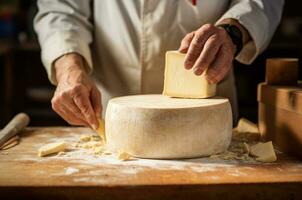 Male cheese maker cuts a piece of cheese. Generative ai photo