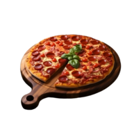Pizza with salami and mozzarella on a wooden board AI Generated png