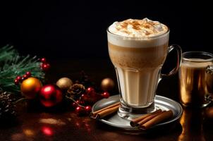 Gingerbread latte. Latte with whipped cream, caramel and spices. Generative ai photo