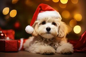 Brown Multipoo Puppy lies in a Santa hat with gifts on the background of a Christmas tree. Generative AI photo