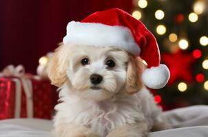 blanco multipoo perrito mentiras en un Papa Noel sombrero con regalos en el antecedentes de un Navidad árbol. generativo ai foto