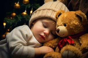 Baby boy in a hat sleeps with a teddy bear near the Christmas tree. Generative AI photo