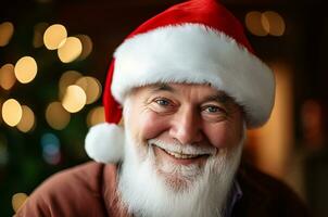 Papa Noel claus en contra el antecedentes de un Navidad árbol y guirnalda. sonriente Papa Noel. generativo ai foto