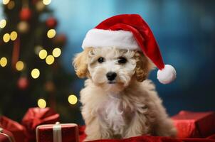 White Multipoo puppy in a Santa hat near a Christmas tree with gifts. Generative AI photo