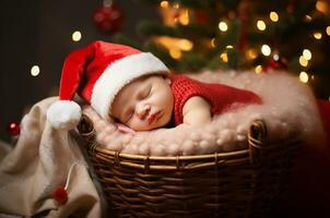 bebé duerme en un mimbre cesta cerca el Navidad árbol. generativo ai foto