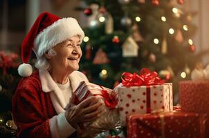 Mrs. Santa puts gifts under the tree. Grandmother in Santa suit near Christmas tree. Generative AI photo