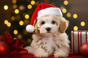 un blanco multipoo perrito mentiras en un Papa Noel sombrero cerca rojo Navidad regalos en el antecedentes de un Navidad árbol. generativo ai foto