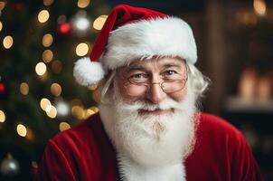 Santa Claus against the background of a Christmas tree and garland. Smiling Santa with a gray beard and glasses. Generative ai photo