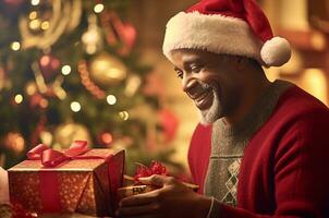 A black man wearing a Santa Claus hat receives Christmas gifts. Black man giving Christmas gifts. Generative AI photo