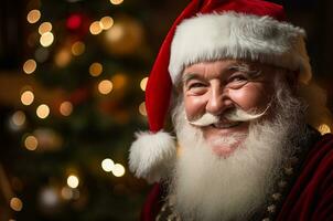 Santa Claus against the background of a Christmas tree and garland. Smiling Santa with a gray beard and mustache. Generative ai photo