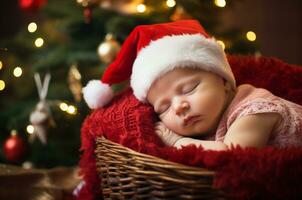 Christmas newborn photo shoot. Newborn sleeping near the Christmas tree. Generative ai