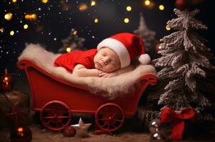 The baby is sleeping in a red carriage near the Christmas tree. Christmas newborn photo shoot. Generative ai