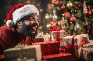 Happy black man in santa hat receiving christmas gifts. Generative AI photo