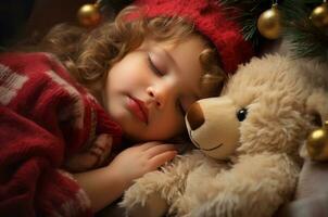 un niña después Navidad cayó dormido debajo un Navidad árbol con un osito de peluche oso, el niña cubierto con un frazada. generativo ai foto