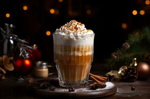 Christmas latte. Gingerbread latte. Coffee with whipped cream and spices. Generative ai photo