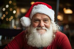 Santa Claus against the background of a Christmas tree and garland. Smiling Santa with gray beard. Generative ai photo