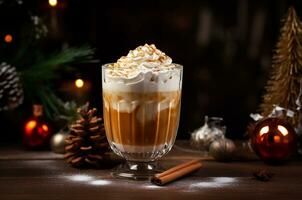 Christmas latte in a transparent glass with cloves and cinnamon. Generative ai photo