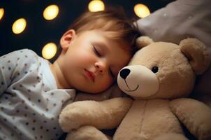 Baby boy sleeping with a teddy bear near the Christmas tree. Generative AI photo
