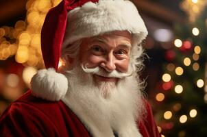 Kind Santa Claus with a funny mustache on the background of a Christmas tree with garlands. Generative ai photo