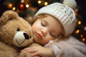 A VERY beautiful girl with a teddy bear sleeps near the Christmas tree on Christmas Eve. Generative AI photo