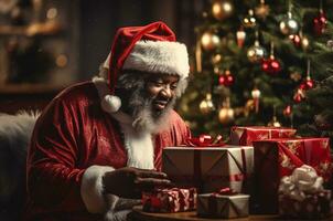 A black man with a beard in a Santa suit near a Christmas tree gives gifts. Generative AI photo