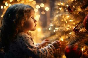 el niña admirativamente decora el Navidad árbol. Navidad cuento. generativo ai foto