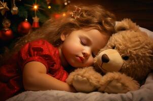 A girl in a red dress fell asleep under a Christmas tree with a teddy bear after Christmas. Generative AI photo