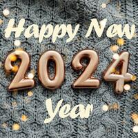 Happy New Year 2024 Postcard. Number 2024 on gray knitted background photo
