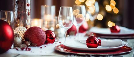 Chrstmas table setting, festive dinner decoration, ai generated photo