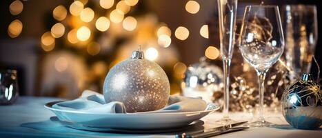 Chrstmas table setting, festive dinner decoration, ai generated photo