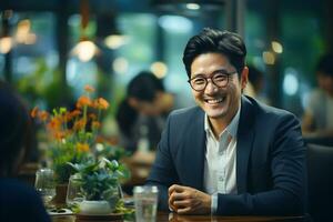 Beautiful smiling Asian business man is wearing glasses and sitting with friends in coffee shop and cafe. AI Generated photo