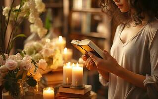 Caucasian young businesswoman is reading a book with candle light in cafe . Education and lifestyle concept. AI Generated photo