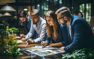 interracial grupo de arquitectura y negocio personas son reunión y instrucciones acerca de proyecto en Plano con equipo. ai generado foto