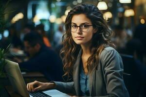 hermosa sonriente caucásico mujer de negocios vistiendo lentes es trabajando con ordenador portátil en café tienda y cafetería. tecnología para negocio en oficina. ai generado foto