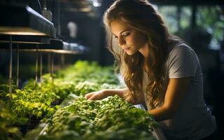 joven atractivo caucásico mujer cosecha y jardinería para vegetal en un invernadero. agricultor para orgánico vegetales agricultura. ai generado foto