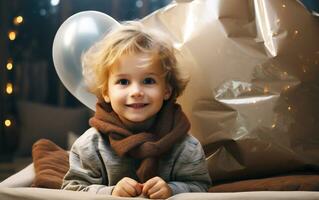 Smiling Caucasian cute boy child is happy and funny with colorful balloons. AI Generated photo