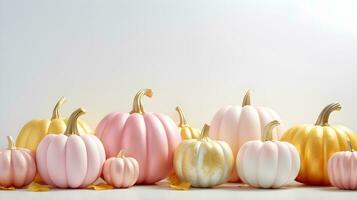 White, pink and gold pumpkins on the light background. modern Halloween concept. AI Generative. photo
