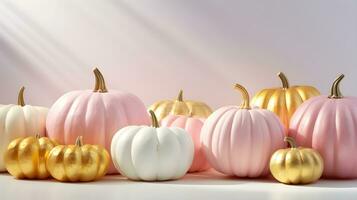 White, pink and gold pumpkins on the light background with sun lights. modern Halloween concept. AI Generative. photo