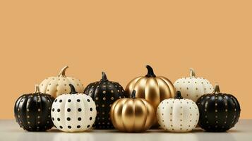 White, gold and black pumpkins with polka dots on the light beige background. Halloween concept. AI Generative. photo