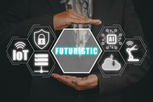 Futuristic concept, Businesswoman hand holding futuristic icon on virtual screen, Innovation of future generation technology, Metaverse, AI. photo