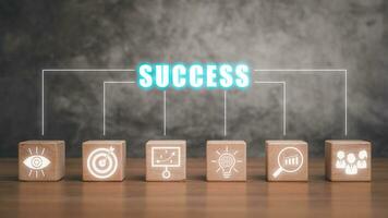 Success concept, Wooden block on desk with success icon on virtual screen, triumph or award winning, accomplishment for leadership success. photo